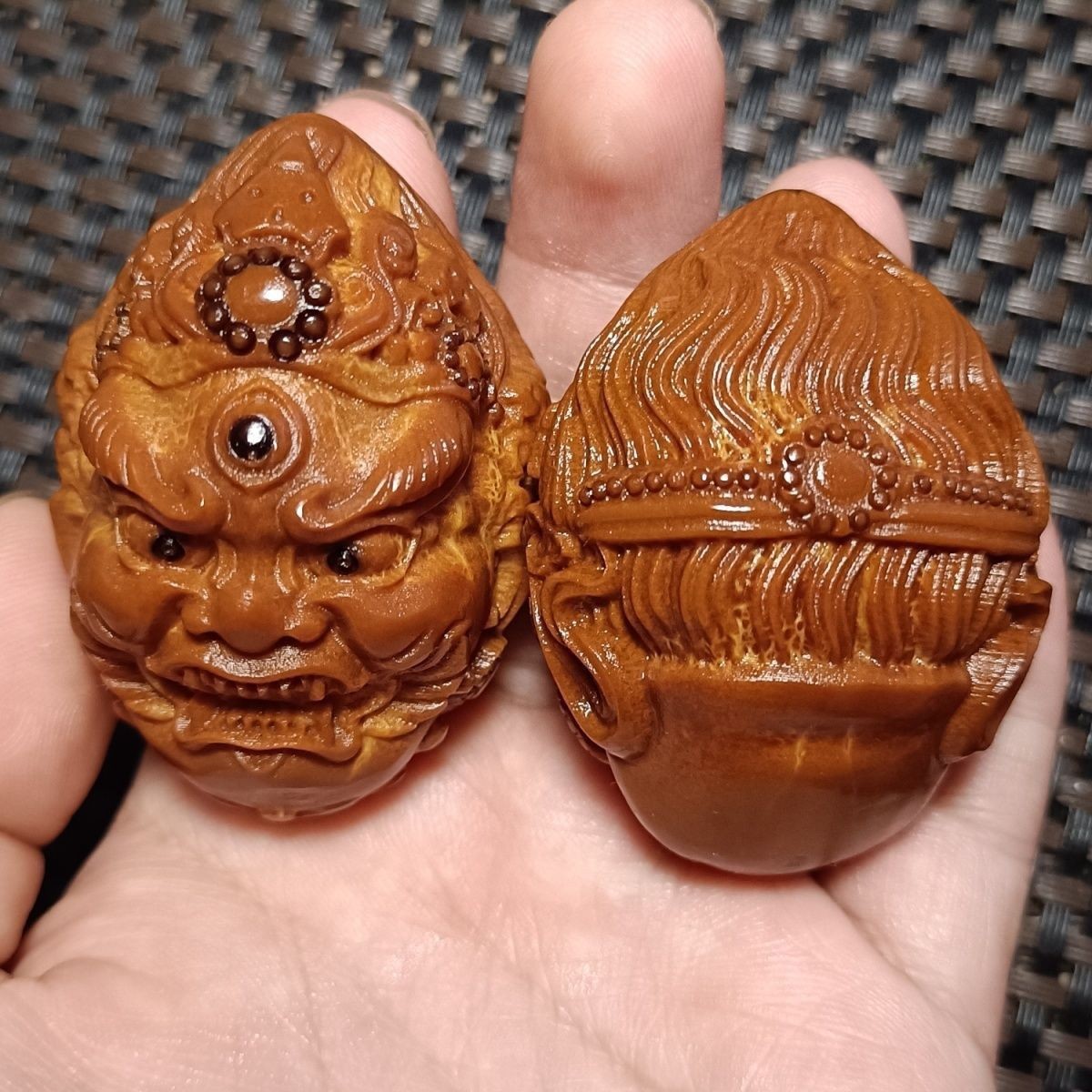 Vintage Brazilian Olive Nut Carved Mahakala Hand Balls Pair 3.5cm