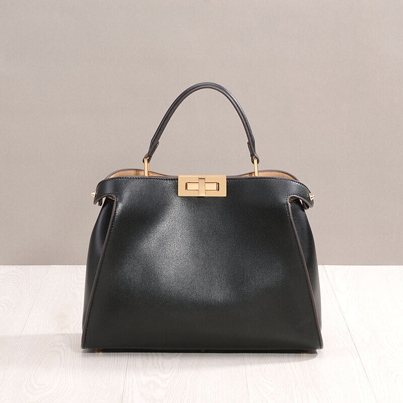 Real Leather Trapezoid Twist-Lock Tote Shoulder Bag Purse Crossbody Top Handle