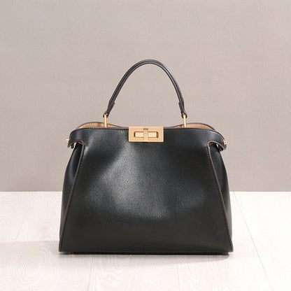 Real Leather Trapezoid Twist-Lock Tote Shoulder Bag Purse Crossbody Top Handle