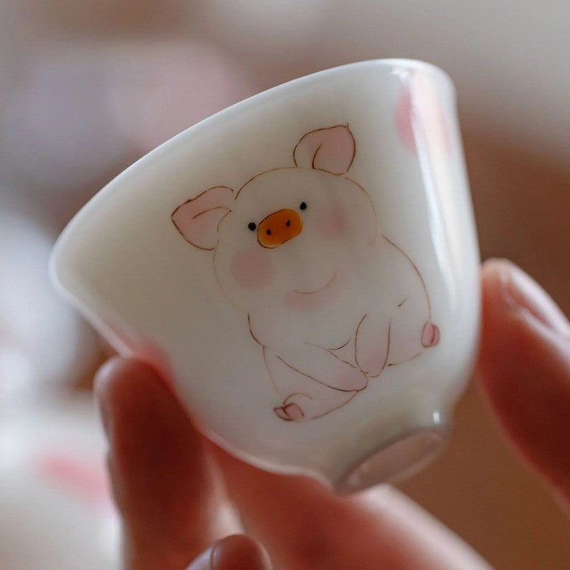1Pc Chinese Jingdezhen Ceramic Hand Painted Cute Pig Teacup Cup Tea Bowl