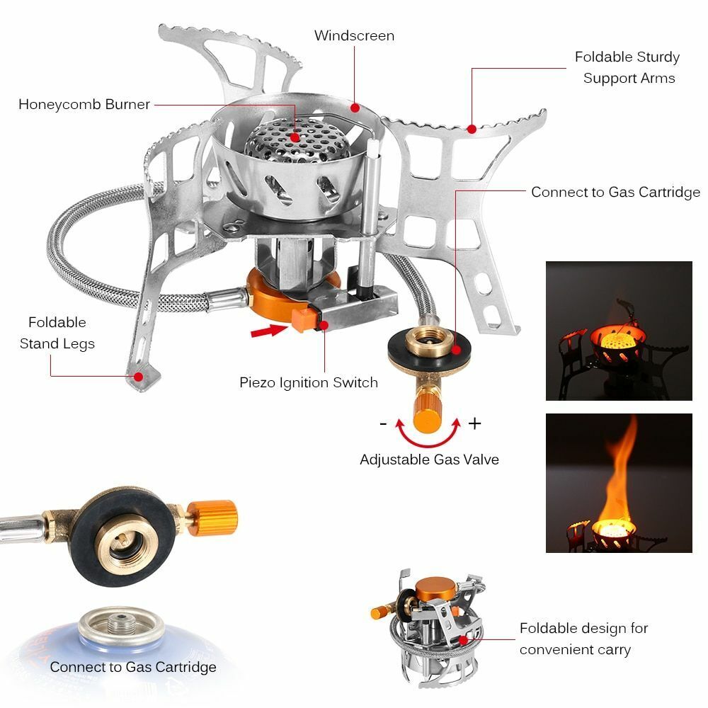 Gas Stove Portable Windproof Camping Outdoor Cooking Foldable Split Burner Steel