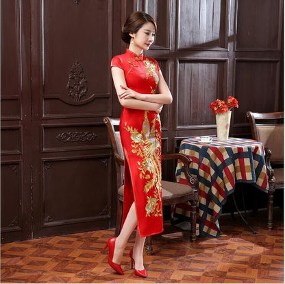 New Red Chinese Womens Embroidery Evening Party Dress Long Cheongsam Qi Pao Sz