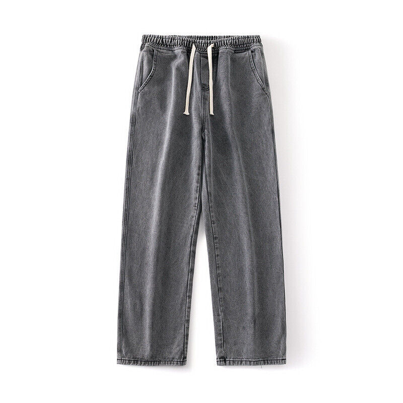 Mens Loose Wide Leg Denim Pants Drawstring Jeans Elastic Waist Baggy Trousers