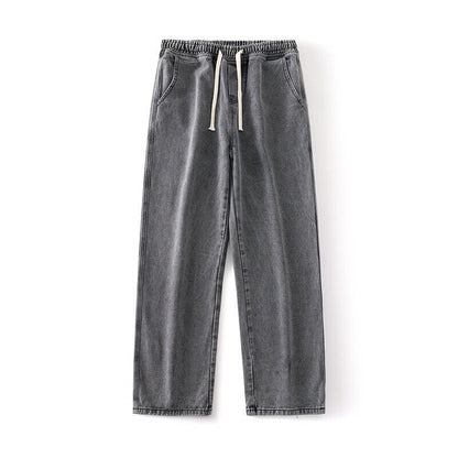 Mens Loose Wide Leg Denim Pants Drawstring Jeans Elastic Waist Baggy Trousers