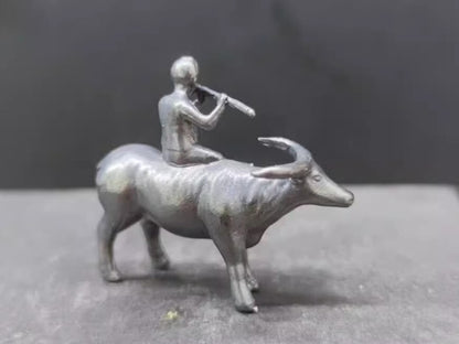 Brass Carved Cowboy Statue Sculpture Buffalo Fluting Boy Figurine Decor