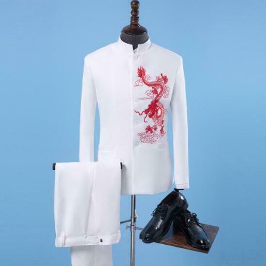 New Mens Chinese Embroidered Stand Collar Suit Slim Fit Jacket Pants Coat 2 Pcs