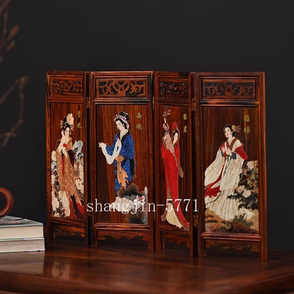 Rosewood Chinese Four Beauty Folding Screen Lacquer Miniature Furniture Panel