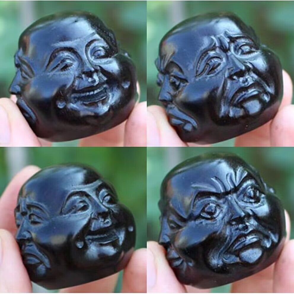 African Blackwood Feng Shui Buddha Head Statue Budai Four Faces 4 Emotions