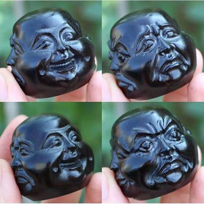 African Blackwood Feng Shui Buddha Head Statue Budai Four Faces 4 Emotions