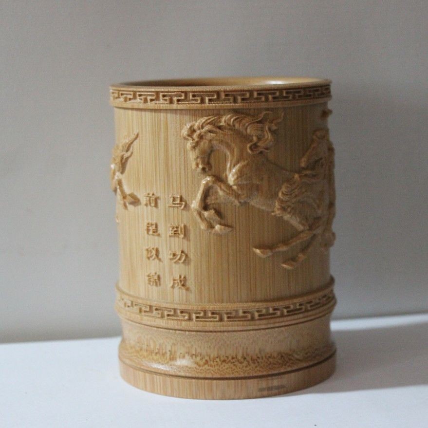 Bamboo Carved Eight Horses Pen Holder 5.12in Chinese Desk Decor