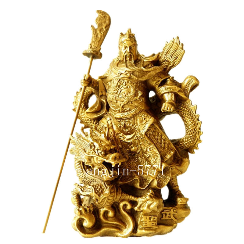 Bronze Brass Guangong Guan Gong Yu Warrior God on Dragon Wealth Statue