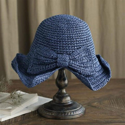 Women Vintage Fashion Folding Straw Bucket Hat Braid Summer Beach Sun Hat w/ Bow