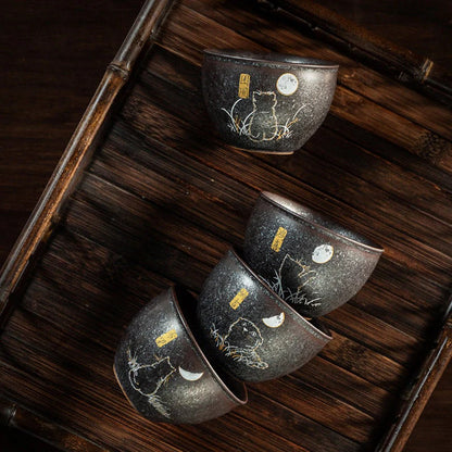 Lovely Cat Black Ceramic Tea Cup Asia Tea Cup for Tea Lover 140ml