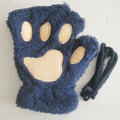 Women Fingerless Gloves Plush Fluffy Cat Paw Claw Panda Mittens Warm Winter Wear