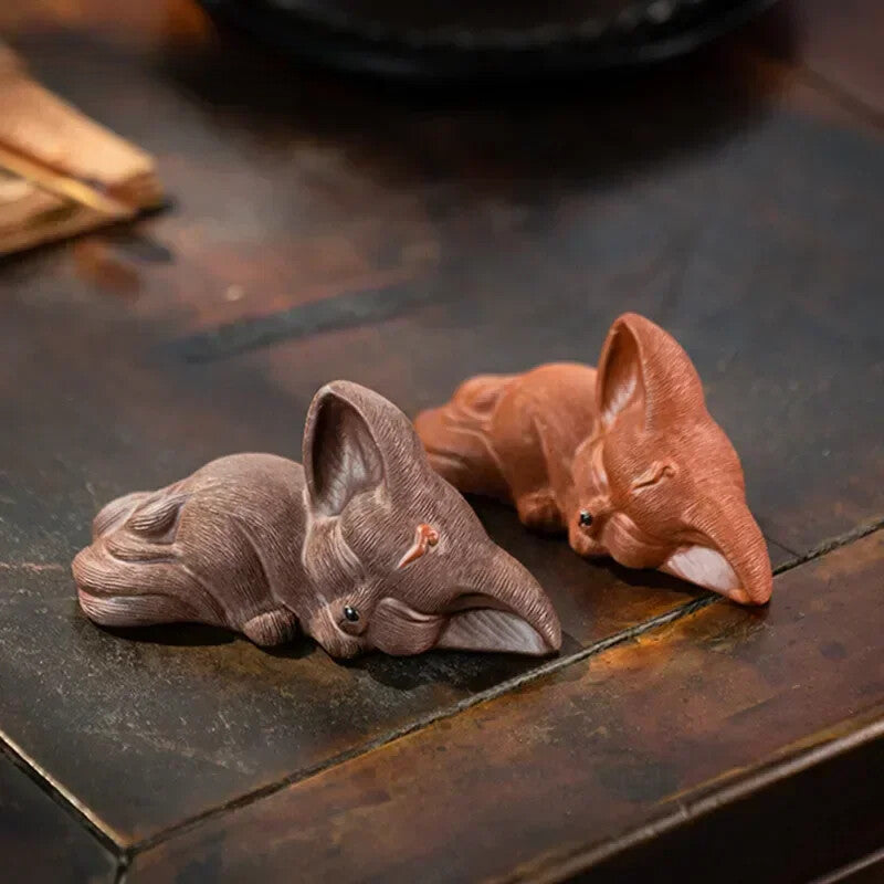 Chinese Yixing Purple Clay Sculpture Tea Pet Lucky Fox Statue Tea Figurine