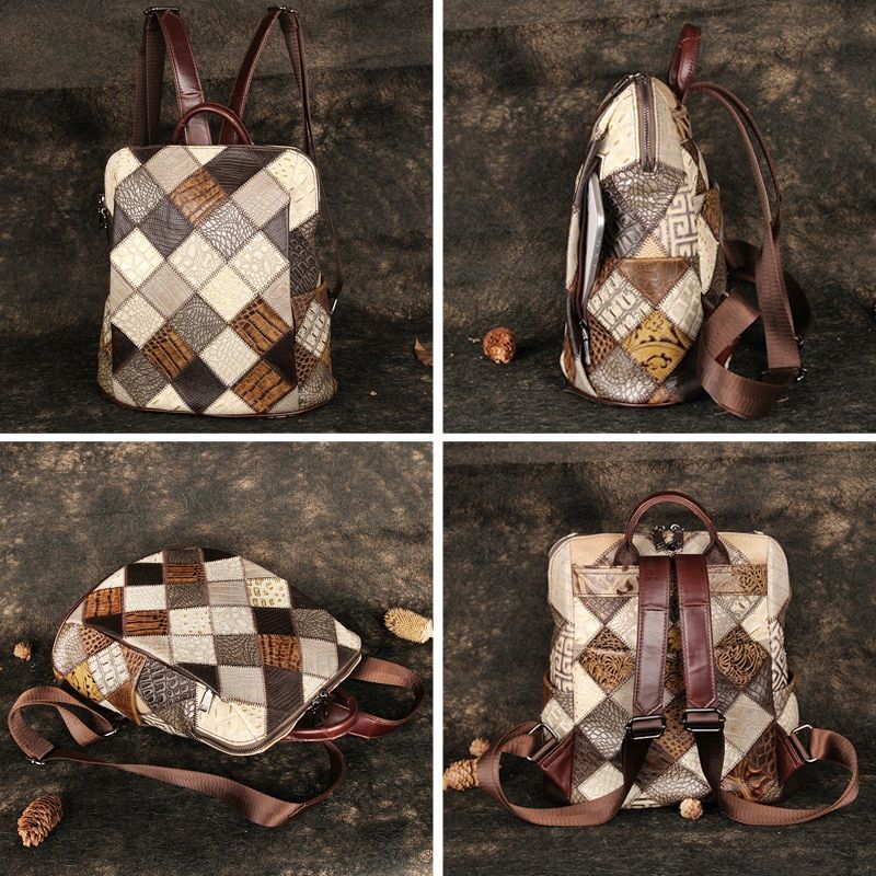 Retro Backpack Genuine Leather Shoulder Bags 12" Travel Bag Patchwork Multicolor