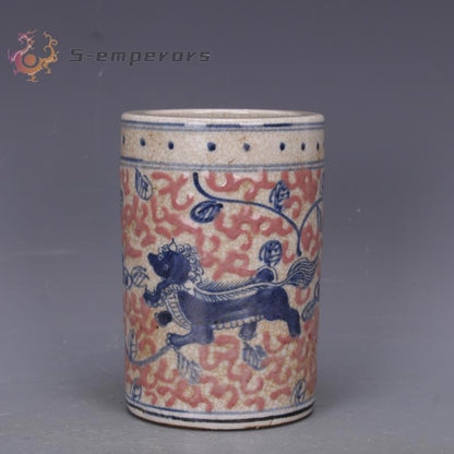 5.3" China Ming Blue-and-white Porcelain Red Glaze Animal Lion Brush Pot