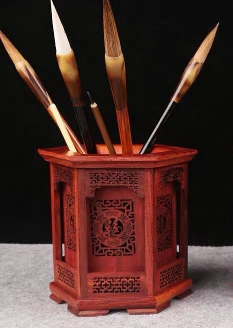 Chinese Rosewood Carved Pen Holder Pencil Study Desk Organizer Statue Decor Gift