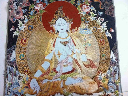 New Silk Embroidery Art Buddhism Tangka Green Tara Buddha Thangka Statue