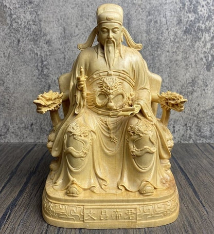 Chinese Boxwood Carved Wenchang Wang God Statue Scholar Deity Altar Figurine