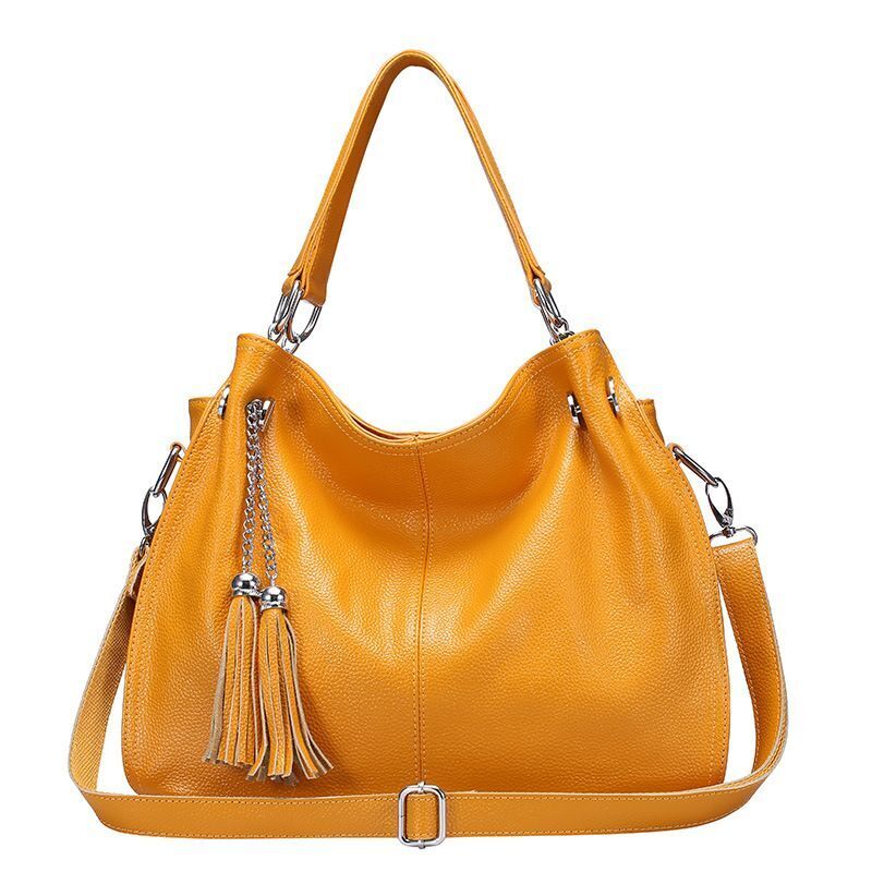 Yellow Blue Tassel Cowhide Leather Handbag Large Soft Leather Tote Shoulder Bag