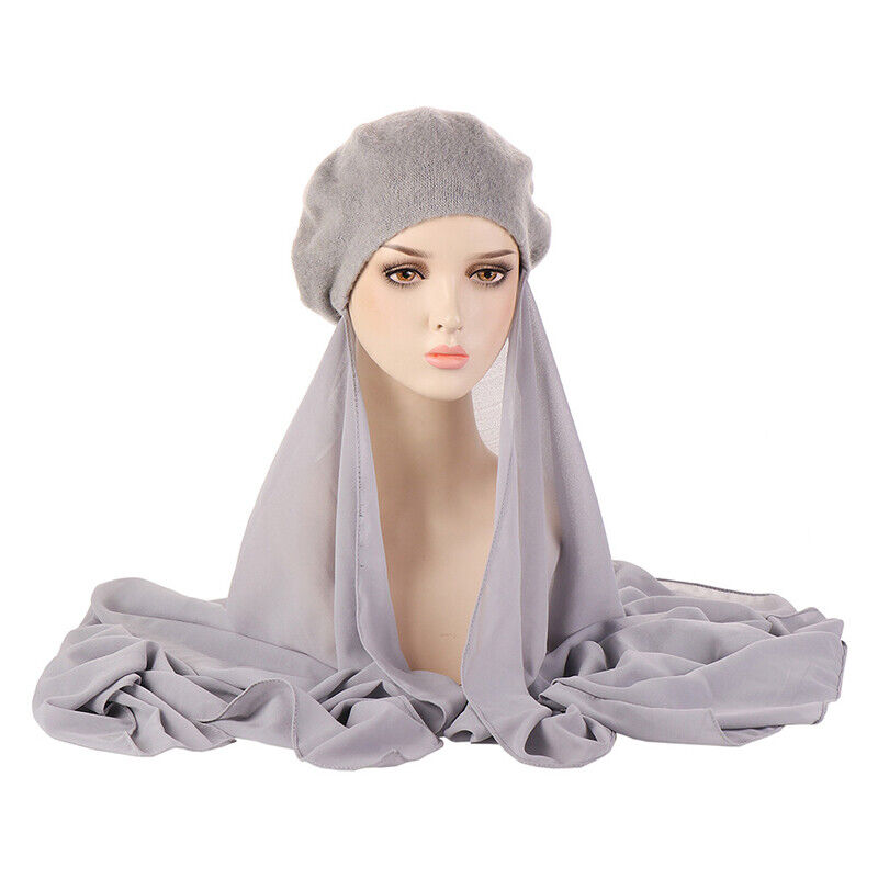Womens Beret Hat Chiffon Scarf Instant Hijab Shawls Wrap Headsacrf Bandana Caps↖
