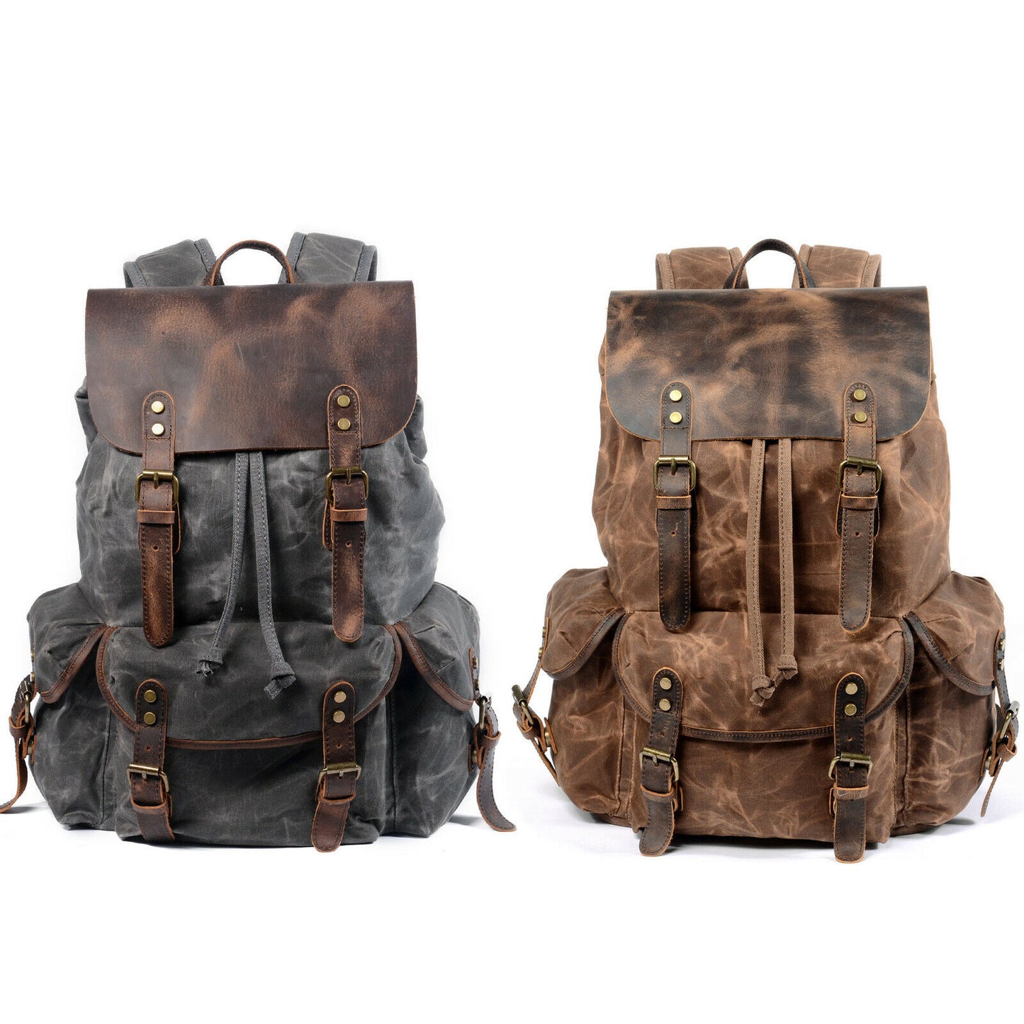 Water Resistant Wax Canvas Real Leather Flap Drawstring Backpack Day bag Travel