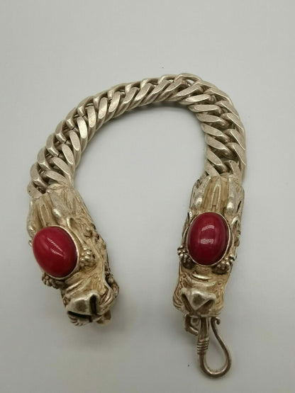 China Old Tibetan Silver Inlaid with red jade Dragon Bracelet