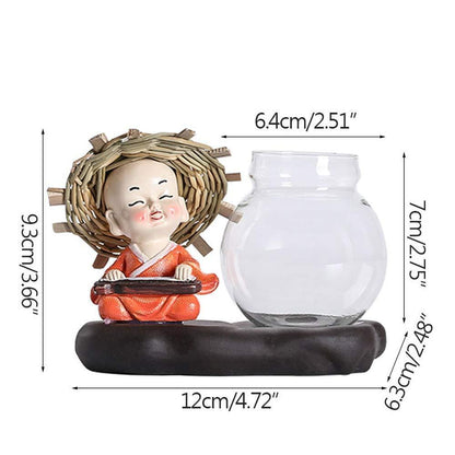 Chinese Straw Hat Monk Buddha Statue Flower Pot Hydroponic Glass Vase Home