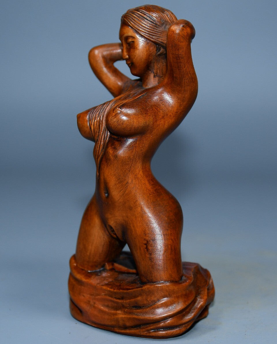 4.7" Collect Chinese Box-wood Carving Naked Beautiful Woman beauty knelt Statue