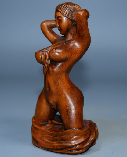 4.7" Collect Chinese Box-wood Carving Naked Beautiful Woman beauty knelt Statue