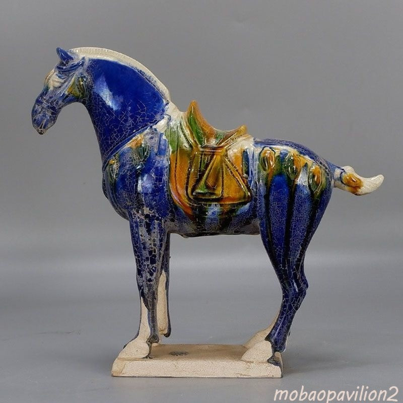 9" Chinese Old Tang Tri-Color Glazed Ceramics Blue War Horse Porcelain Statue