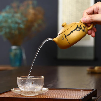 Handmade Yixing Kettle Raw Ore Duan Mud Teapot Birds Pattern Golden Tea Pot