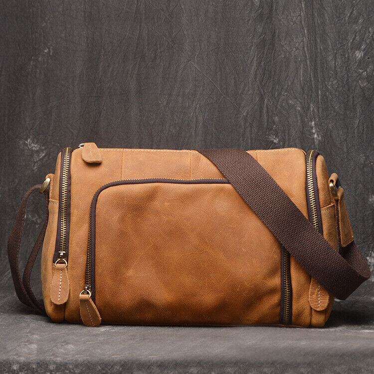 100% Crazy Horse Leather Men's Shoulder Bags Handmade CylinderCrossbody IPAD Bag
