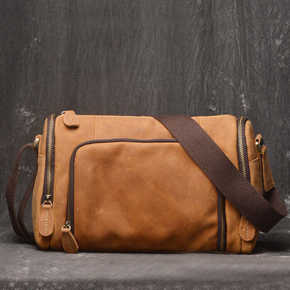100% Crazy Horse Leather Men's Shoulder Bags Handmade CylinderCrossbody IPAD Bag