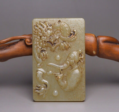 Chinese Natural Hetian Jade Carved Dragon Statue Figure Story Pendant Jewelry
