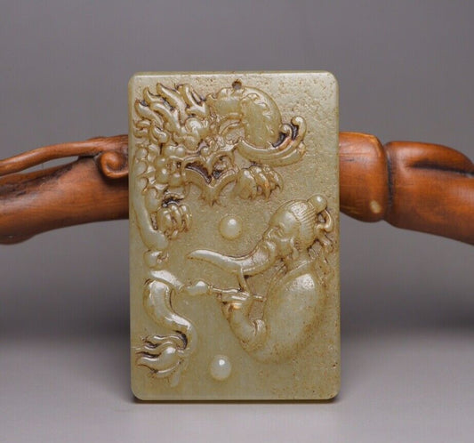 Chinese Natural Hetian Jade Carved Dragon Statue Figure Story Pendant Jewelry