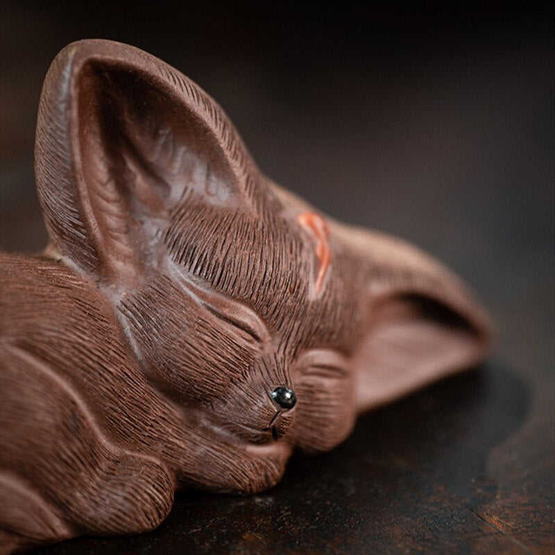 1Pc 3.62" Yixing Purple Clay Sculpture Tea Pet Lucky Fox Statue Art Ornaments