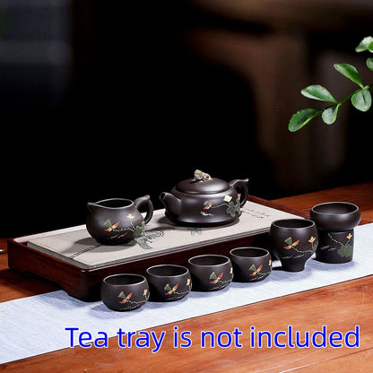 Complete Tea Set Handmade Lotus Relief Real Yixing Zisha Clay Tea Pot Cup Filter