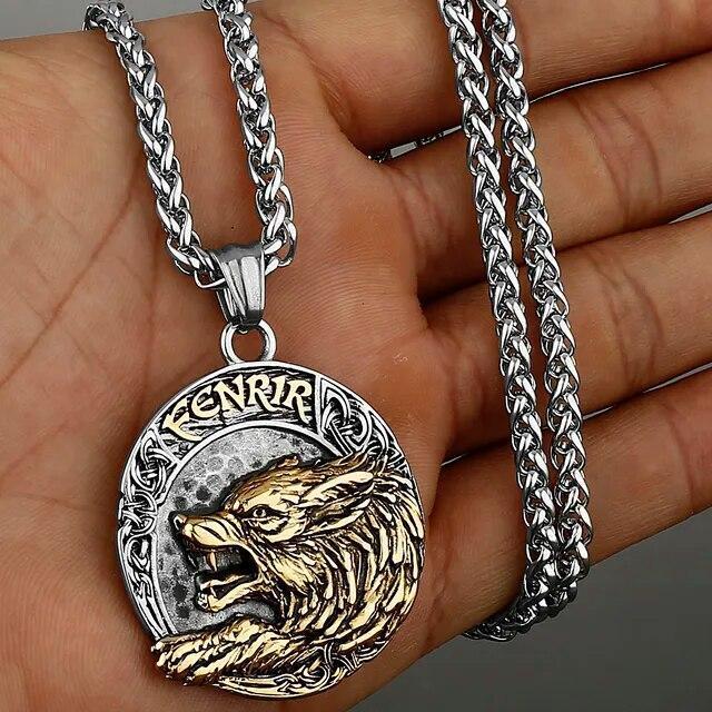 Wolf Necklaces Viking Style Wolf Head Pendant Runes Stainless Steel Necklace