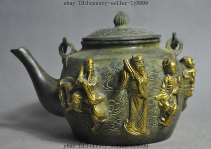 6" china bronze gilt Pat Sin Eight Immortals God statue Kettle Teapot Tea maker
