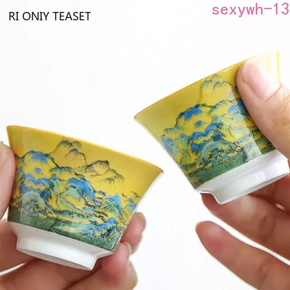 Chinese Handmade Ceramic Teacup Landscape Painting Pattern Tea Bowl Portable