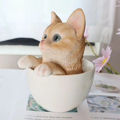 Creative Tea Cup Cat Ornaments Lovely Kitten Resin Room Desktop Decoration