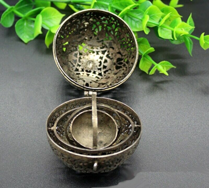 2.2" Tibet Silver Copper Carved Incense Burner Ball Statue