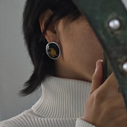 Handmade Lacquer Earrings Golden Bird Pattern New Chinese Minimalist Studs