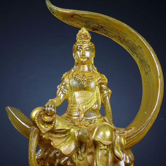 Chinese old Colored glaze（Liuli）gilt painted Yellow water moon Guanyin statue