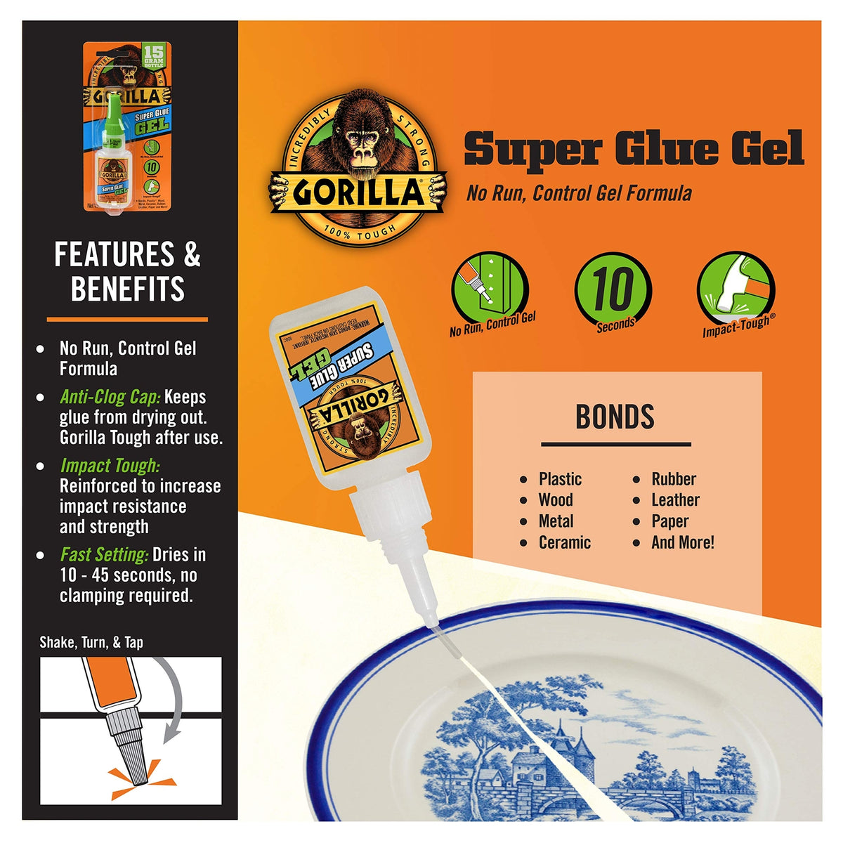 Gorilla 6 Pack 15 Gram Tubes Super Glue Gel, Dries in 10-45 Seconds