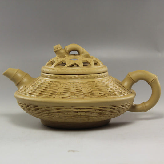 China Yixing Zisha Pottery Gold Section Clay Handmade360ML Bamboo Weaving Teapot