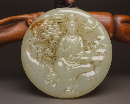 Chinese Natural Hetian Jade Carved Kwan Yin Statue Good Luck Pendant Jewelry Art