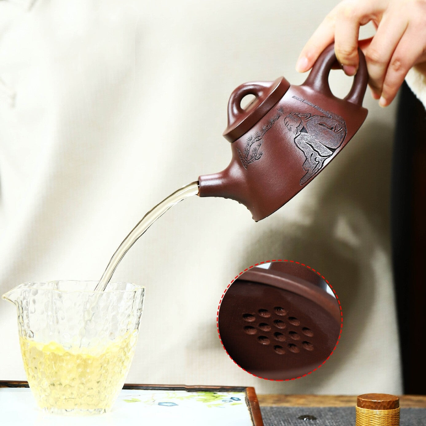 240ml Handmade Tea Pot Authentic Yixing Zisha Master Pot Carved 14 Infuser Holes